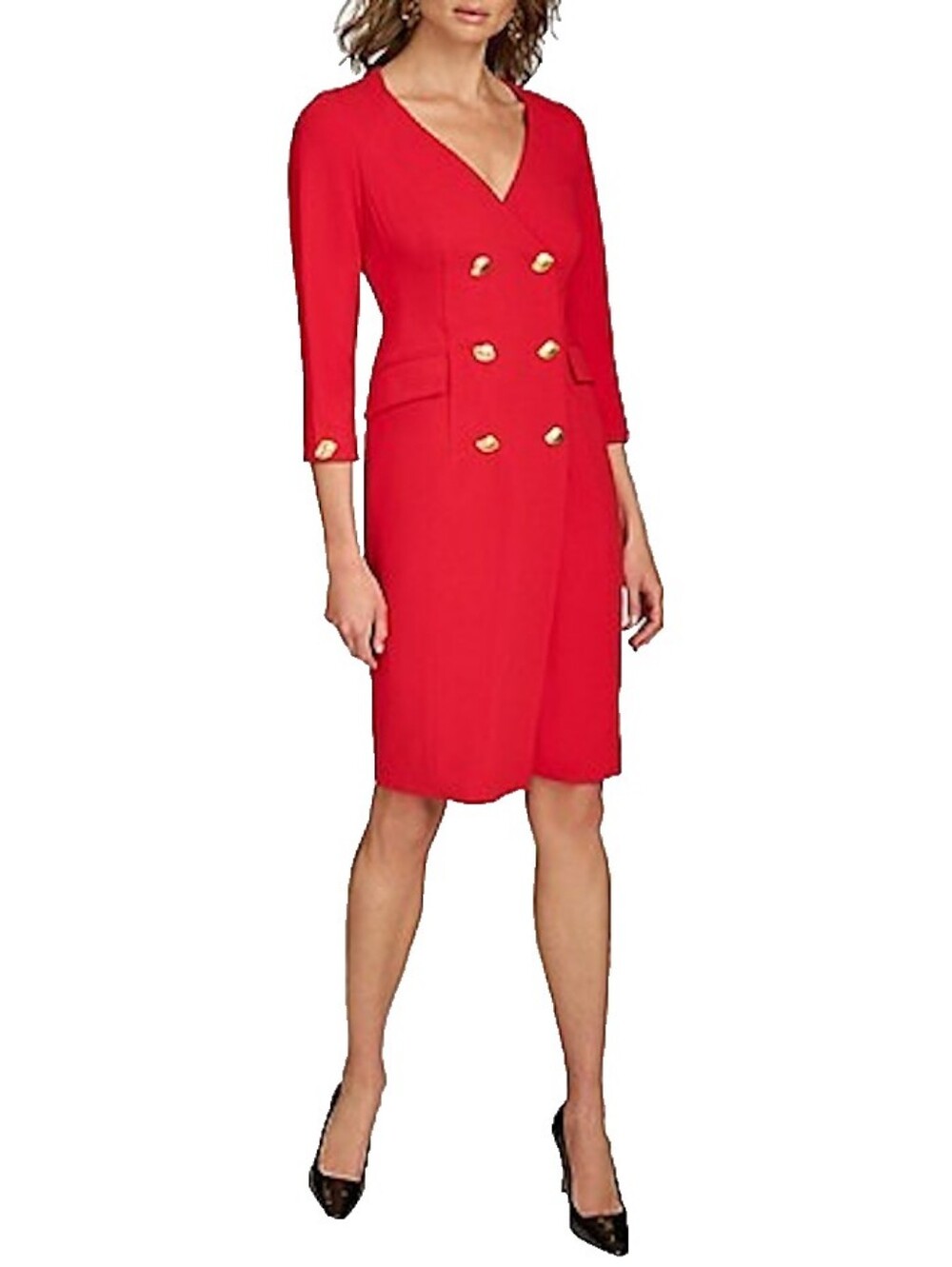 Donna Karan Red Double-Breasted V-Neck Sheath Dress with Gold Buttons, size 12